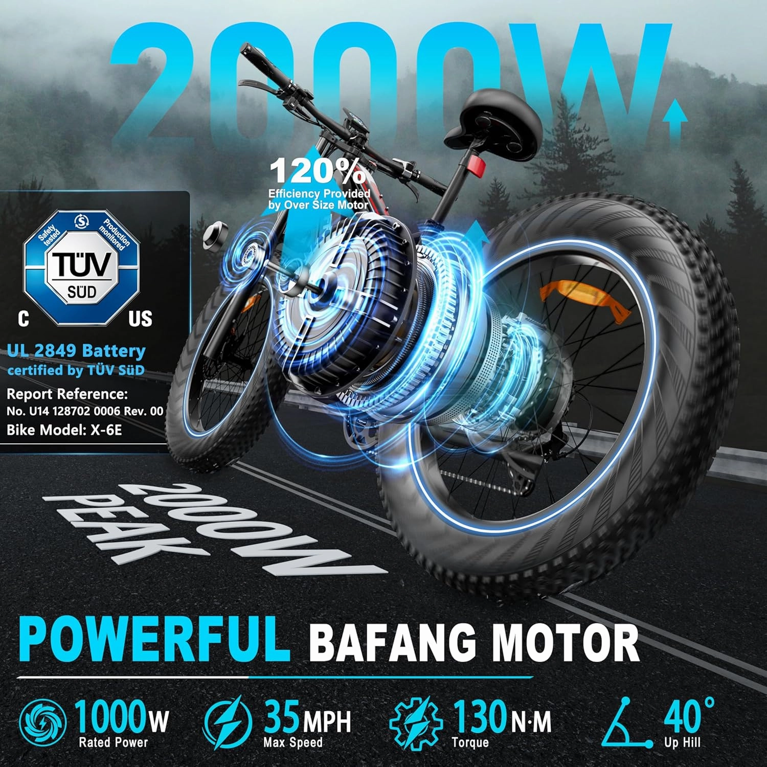 FREESKY 2000W Electric Bike with BAFANG Motor & 48V 30Ah Samsung Cells Battery, 35MPH Max Speed, 120 Miles Range, Full Suspension Mountain Ebike for Adult, 26" Fat Tires, Smart Keys, Hydraulic Brakes
