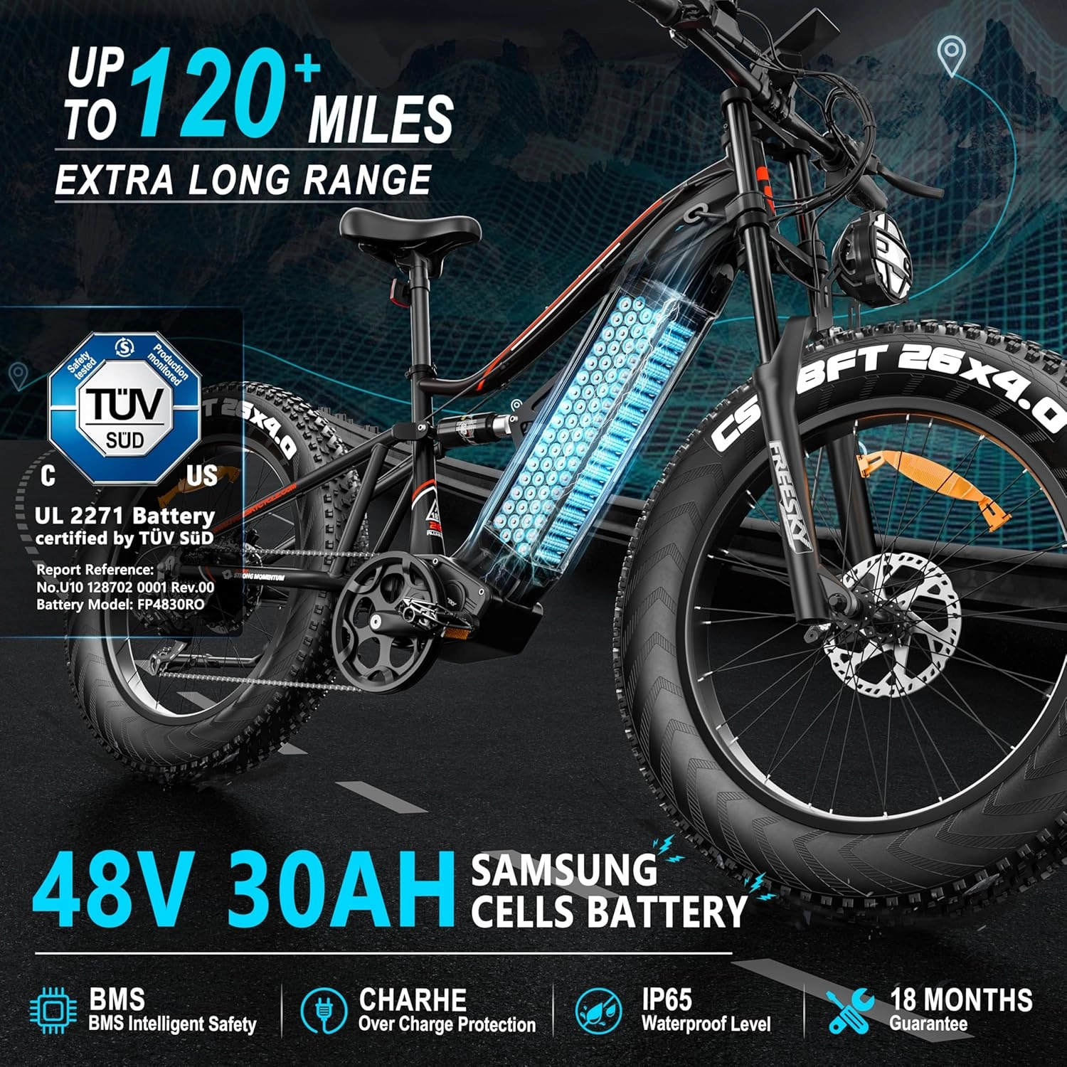 FREESKY 2000W Electric Bike with BAFANG Motor & 48V 30Ah Samsung Cells Battery, 35MPH Max Speed, 120 Miles Range, Full Suspension Mountain Ebike for Adult, 26" Fat Tires, Smart Keys, Hydraulic Brakes