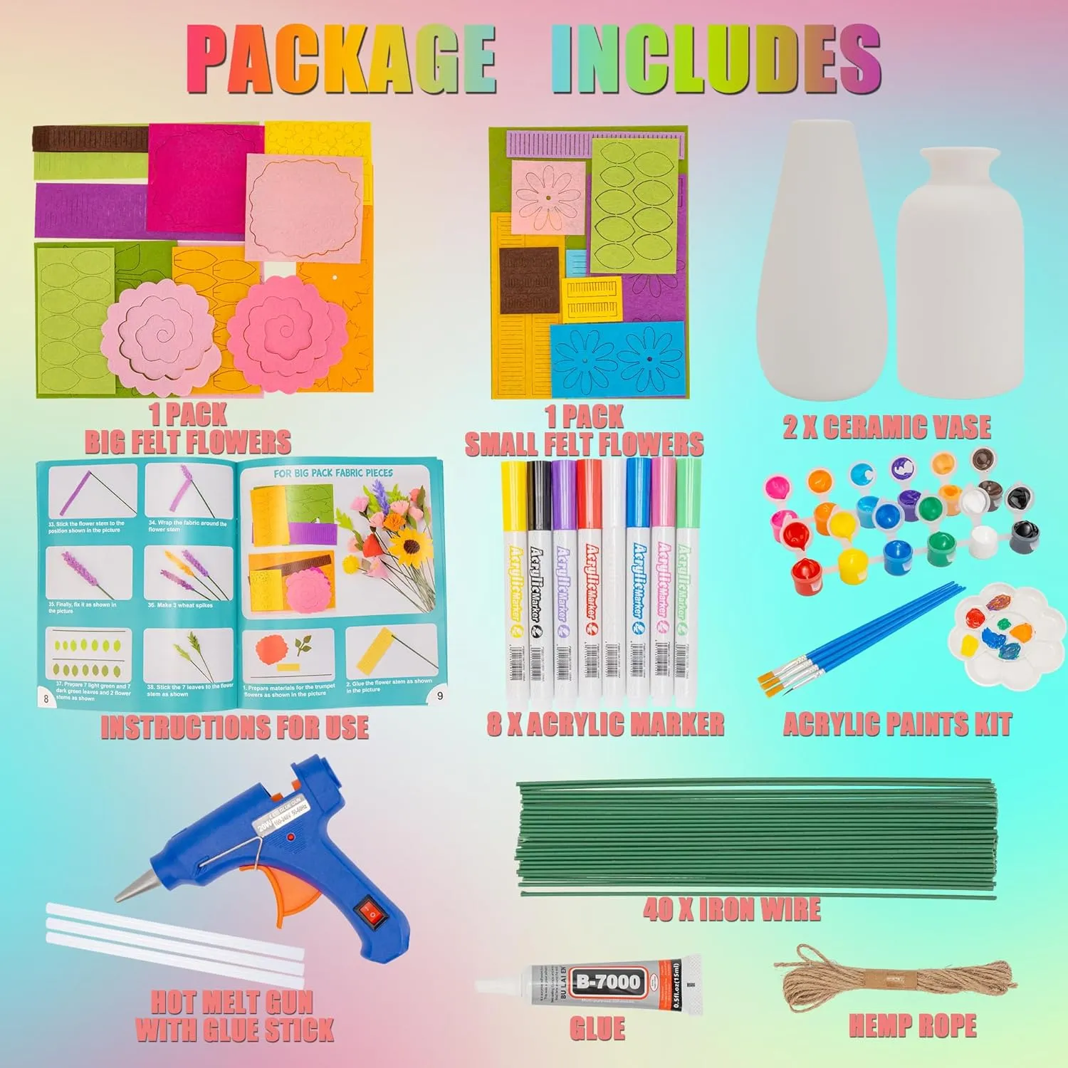 FTBox Crafts Kit for Girls Ages 6-12, Felt Flowers Bouquet and Paint Vase Art Craft Project for Girls, DIY Activity Christmas Birthday Gift for Kids Age 6 7 8 9 10 11 12 Year Old (Ceramic Vases)