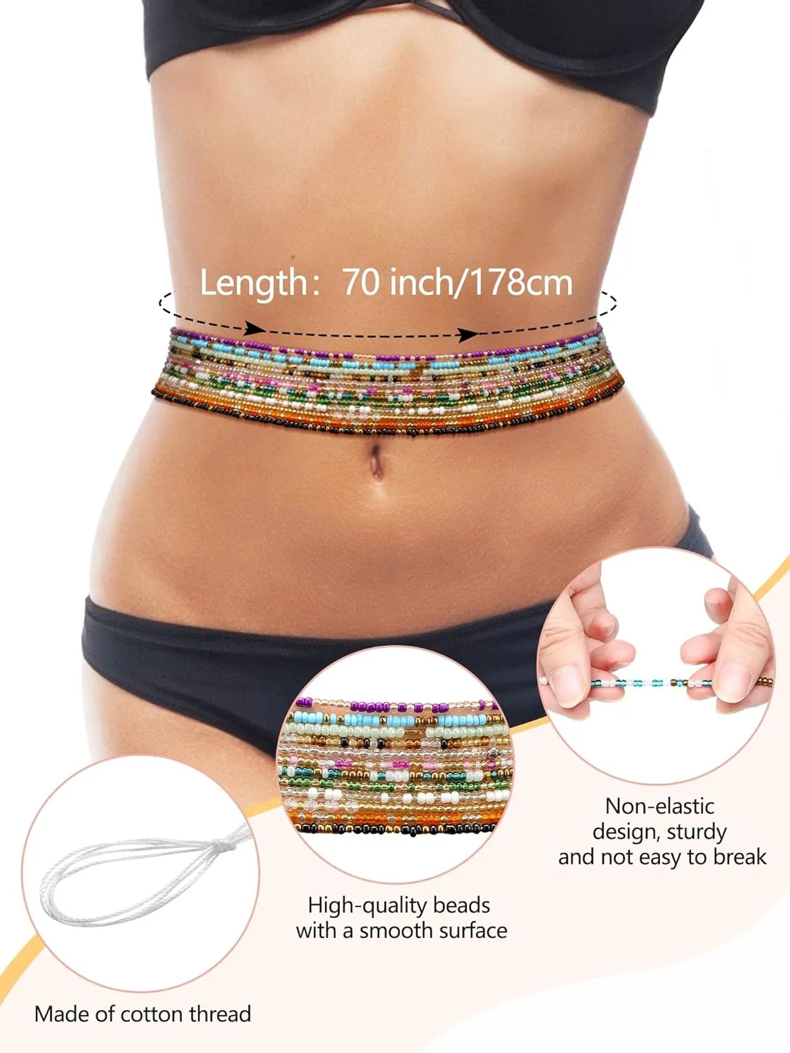 Fumete 12 Pcs Waist Beads Set Handmade African Belly Beads Chain Plus Size Body Jewelry Non Stretching Belly Chain for Women