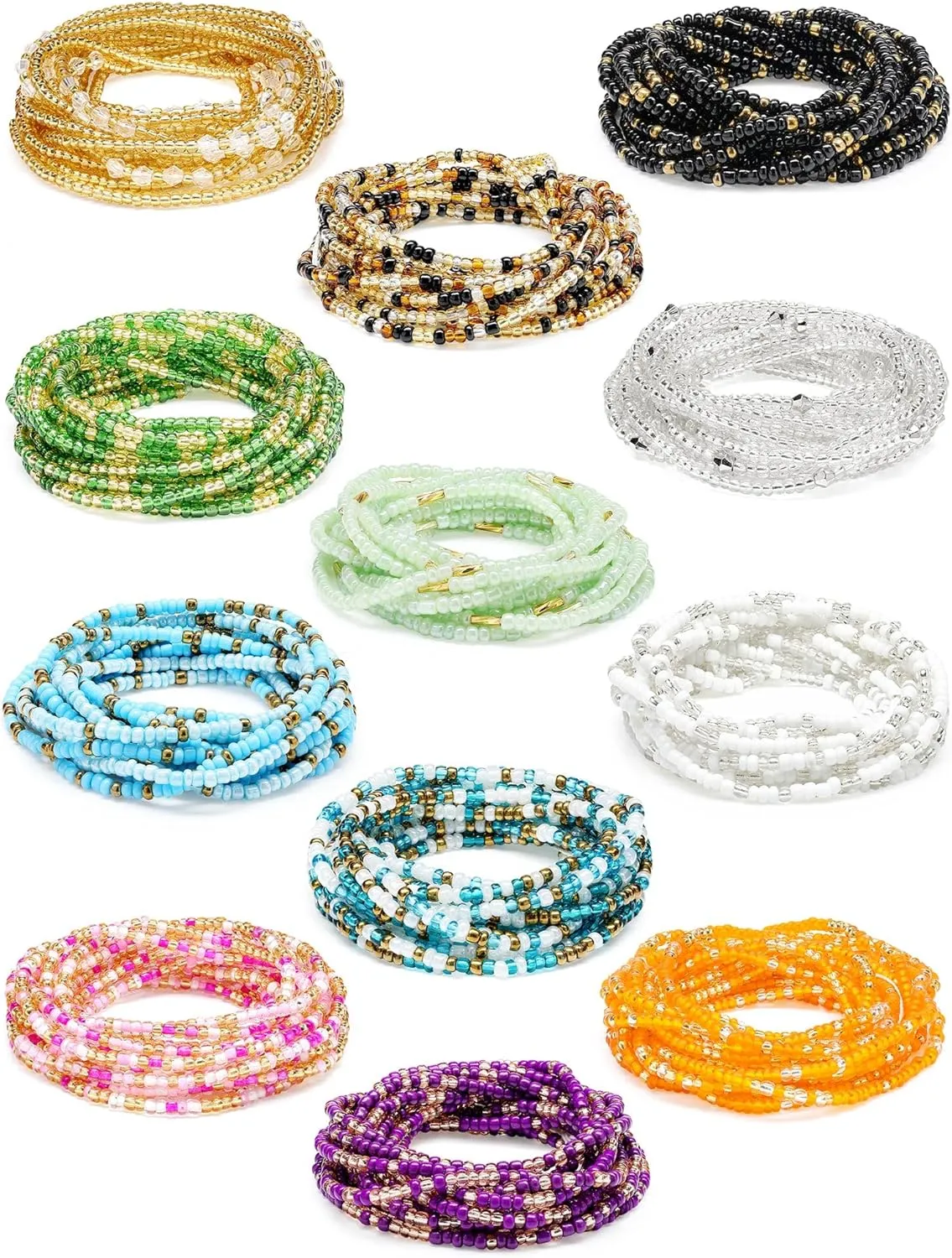 Fumete 12 Pcs Waist Beads Set Handmade African Belly Beads Chain Plus Size Body Jewelry Non Stretching Belly Chain for Women