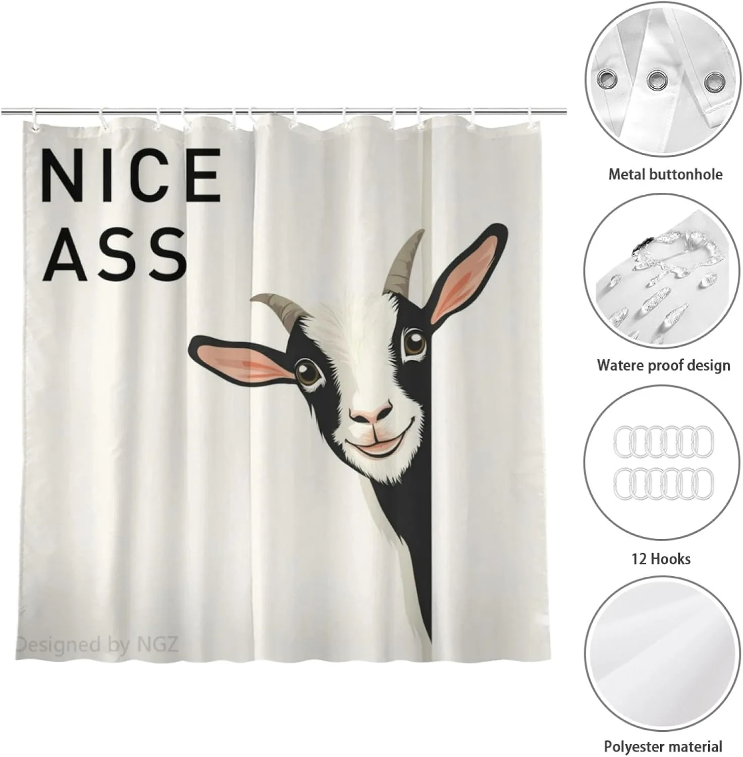 Funny Goat Shower Curatin 72 x 72 Inches, Looking Good Funny Animal Shower Curtain Set with 12 Hooks for Bathroom Decor