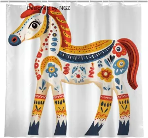 Funny Horse Shower Curtain 72 x 72 Inches Set with 12 Hooks, Horse Folk Art Shower Curtain with Vibrant Colors, for Bathroom All Seasons Decor