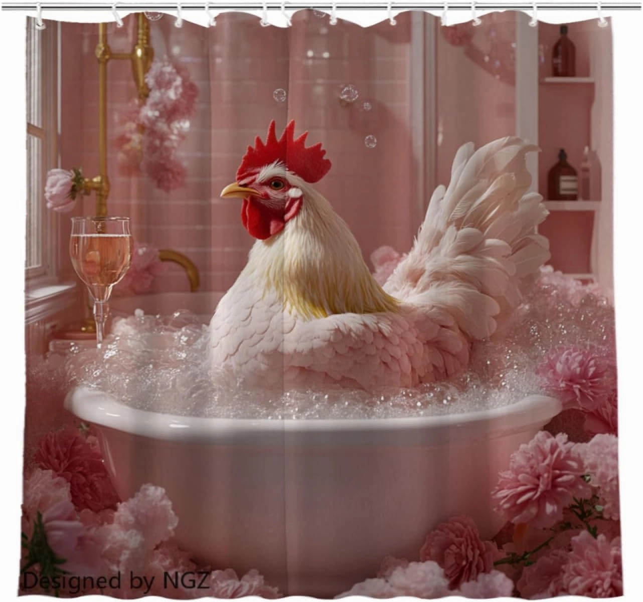 Funny Chicken Shower Curtain, SPA Chicken with Wine, Pink Shower Curtain, 72x72 Inches Floral Shower Curtains for Bathroom, Bath Curtains Set with 12 Hooks