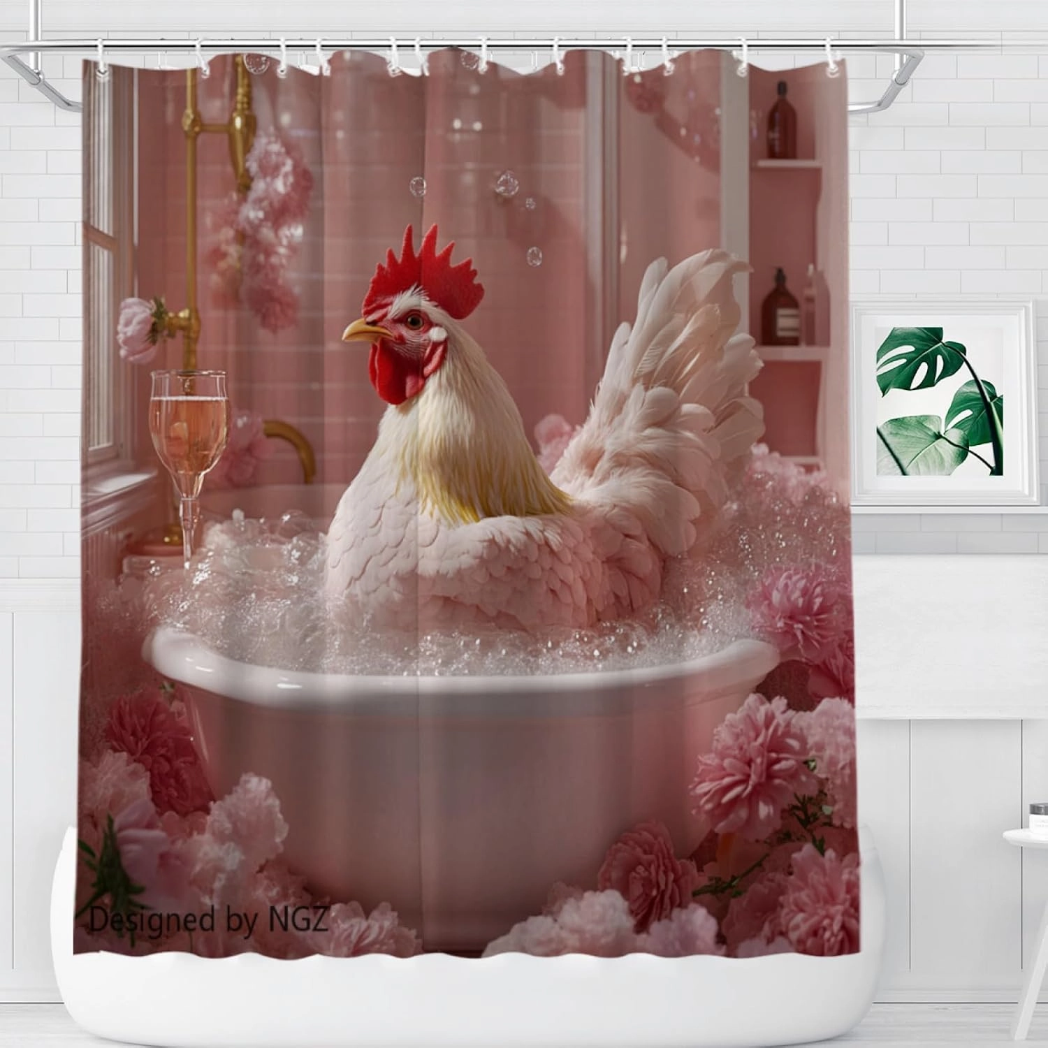 Funny Chicken Shower Curtain, SPA Chicken with Wine, Pink Shower Curtain, 72x72 Inches Floral Shower Curtains for Bathroom, Bath Curtains Set with 12 Hooks