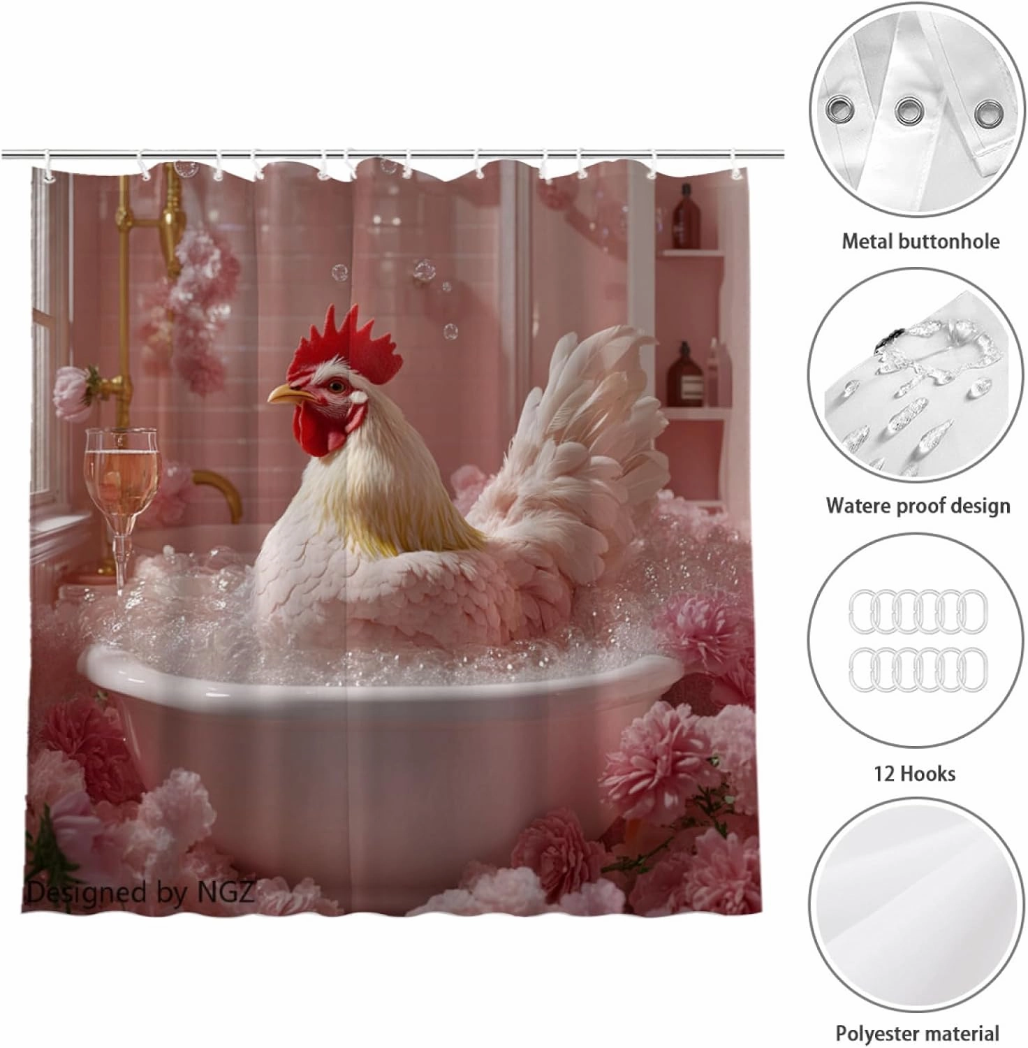 Funny Chicken Shower Curtain, SPA Chicken with Wine, Pink Shower Curtain, 72x72 Inches Floral Shower Curtains for Bathroom, Bath Curtains Set with 12 Hooks