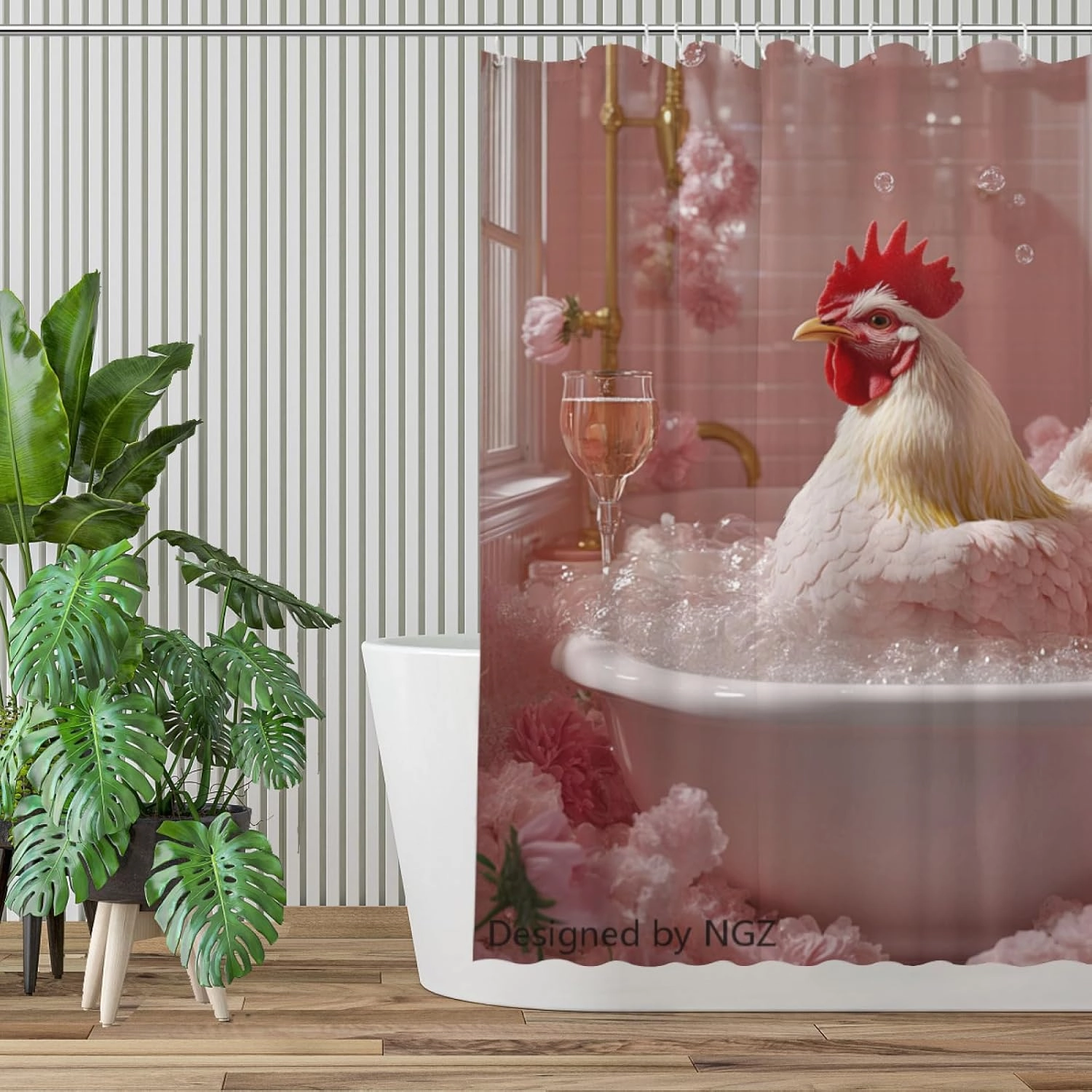 Funny Chicken Shower Curtain, SPA Chicken with Wine, Pink Shower Curtain, 72x72 Inches Floral Shower Curtains for Bathroom, Bath Curtains Set with 12 Hooks