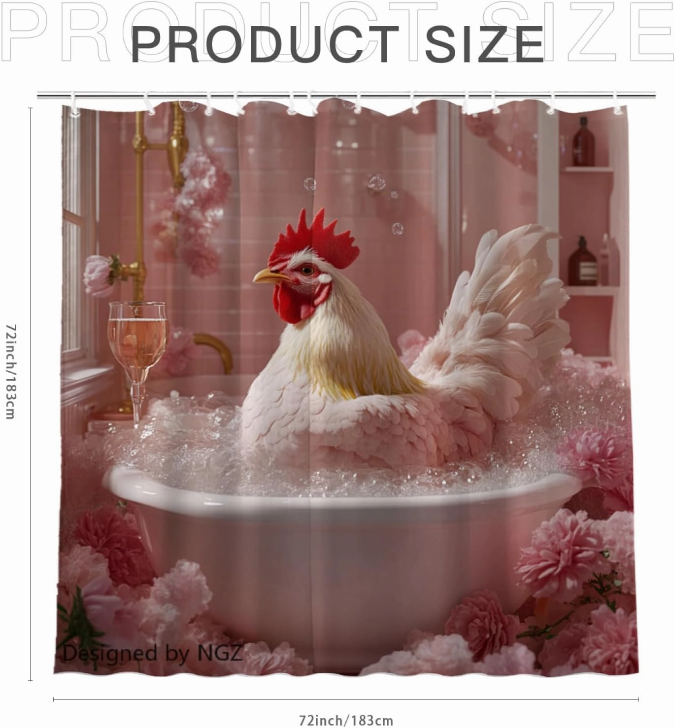 Funny Chicken Shower Curtain, SPA Chicken with Wine, Pink Shower Curtain, 72x72 Inches Floral Shower Curtains for Bathroom, Bath Curtains Set with 12 Hooks