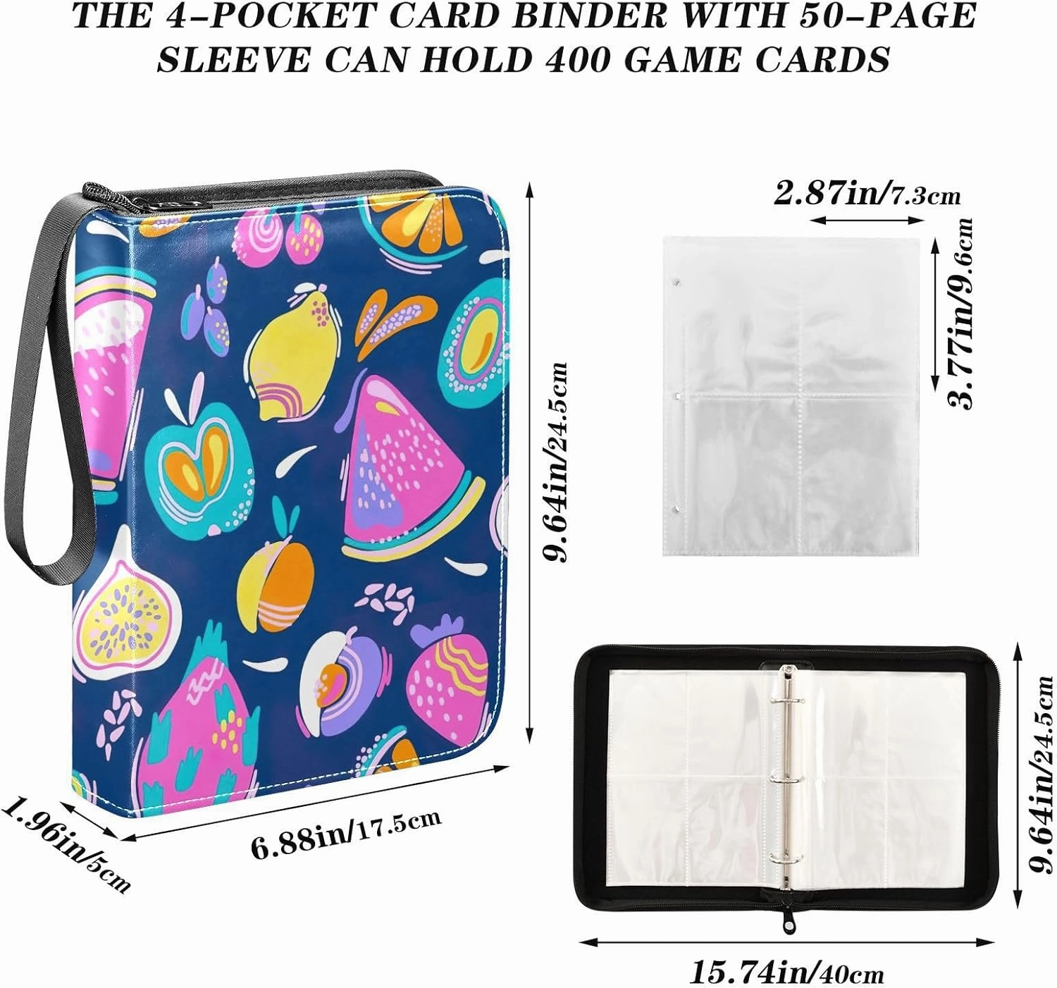 Funny Colorful Tropics Pattern Card Collection Binder, Zippered 3 Ring Binder Cards Fits 400 Cards Card Album