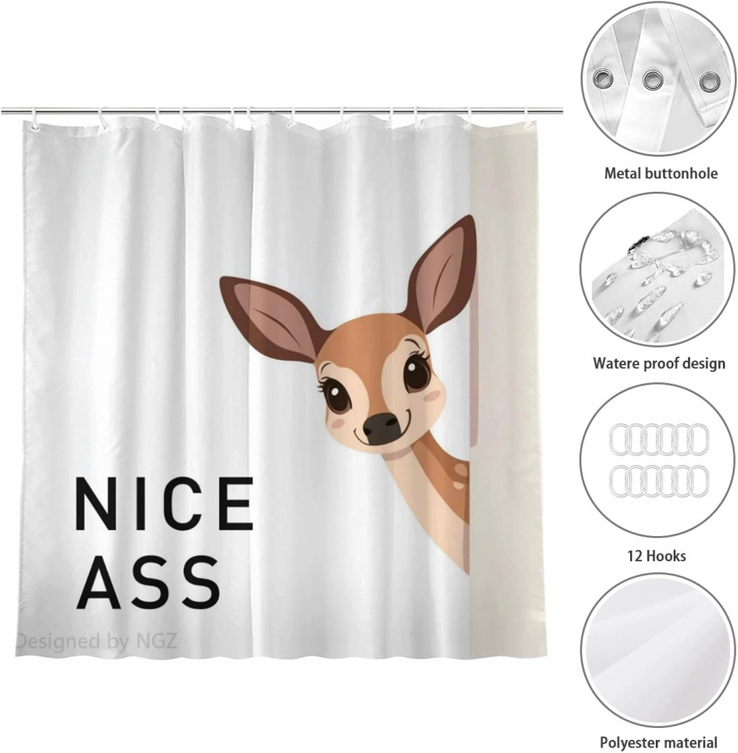 Funny Deer Shower Curatin 72 x 72 Inches, Looking Good Funny Animal Shower Curtain Set with 12 Hooks for Bathroom Decor