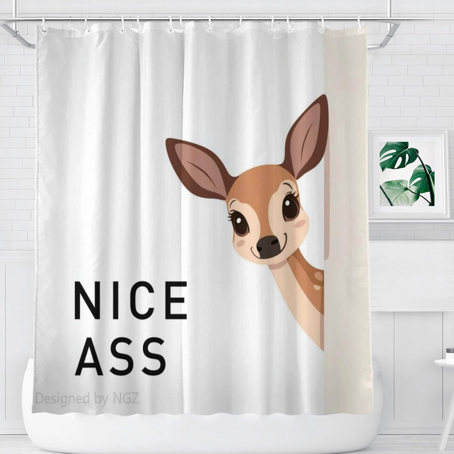 Funny Deer Shower Curatin 72 x 72 Inches, Looking Good Funny Animal Shower Curtain Set with 12 Hooks for Bathroom Decor