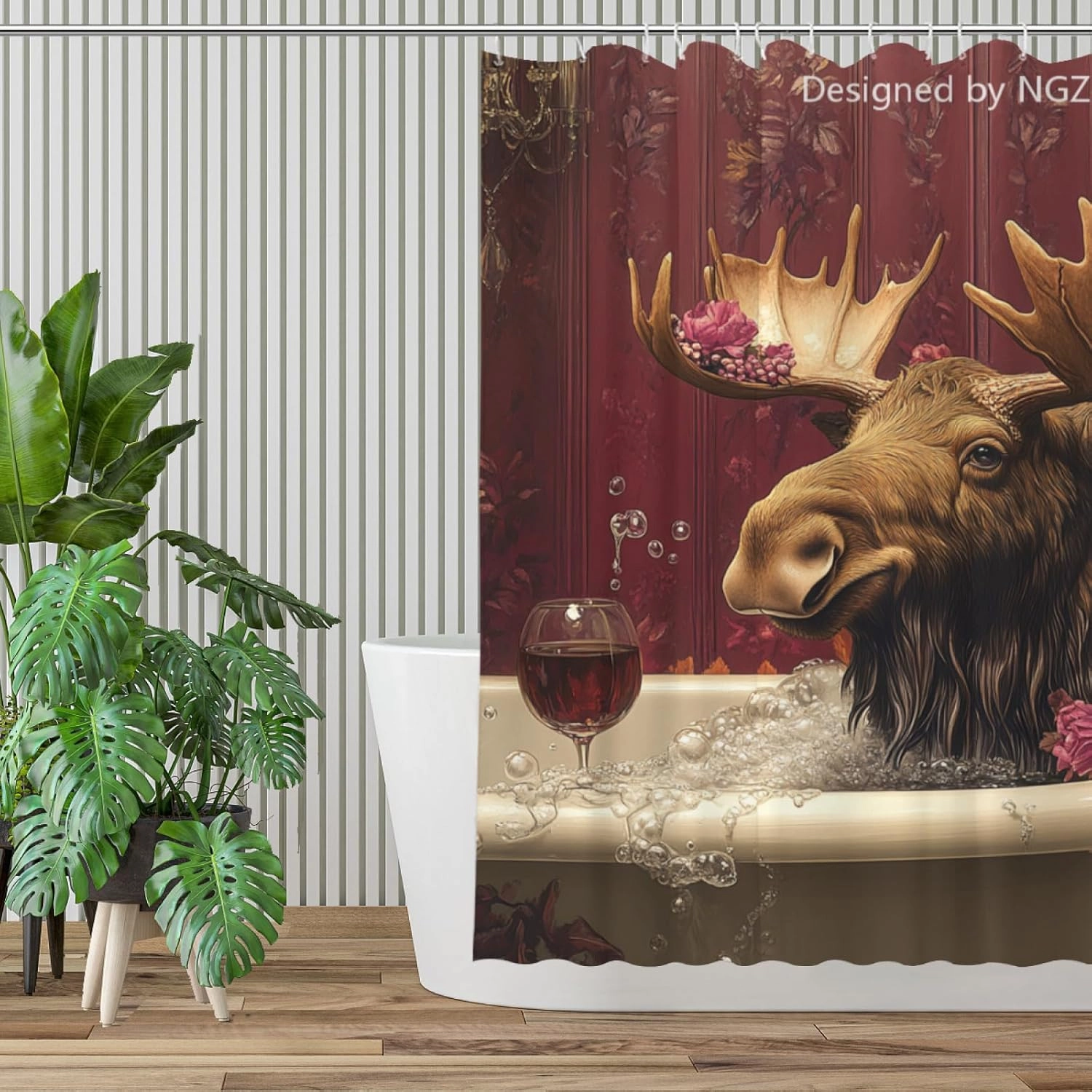 Funny Moose Shower Curtain, SPA Moose with Wine, Red Shower Curtain, 72x72 Inches Floral Shower Curtains for Bathroom, Bath Curtains Set with 12 Hooks