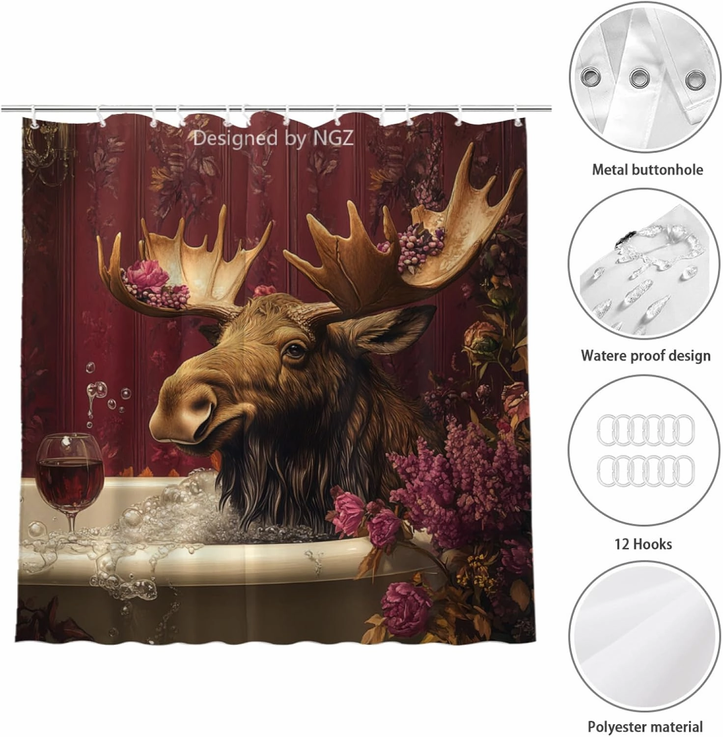 Funny Moose Shower Curtain, SPA Moose with Wine, Red Shower Curtain, 72x72 Inches Floral Shower Curtains for Bathroom, Bath Curtains Set with 12 Hooks