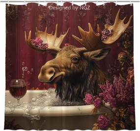 Funny Moose Shower Curtain, SPA Moose with Wine, Red Shower Curtain, 72x72 Inches Floral Shower Curtains for Bathroom, Bath Curtains Set with 12 Hooks