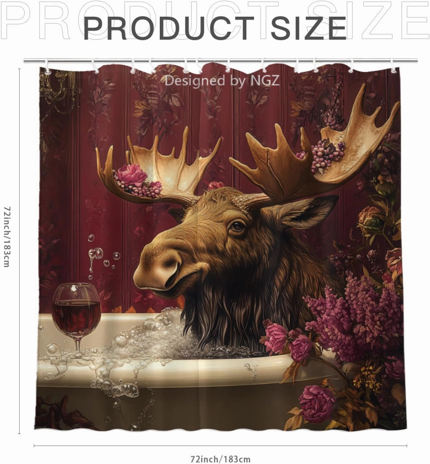 Funny Moose Shower Curtain, SPA Moose with Wine, Red Shower Curtain, 72x72 Inches Floral Shower Curtains for Bathroom, Bath Curtains Set with 12 Hooks