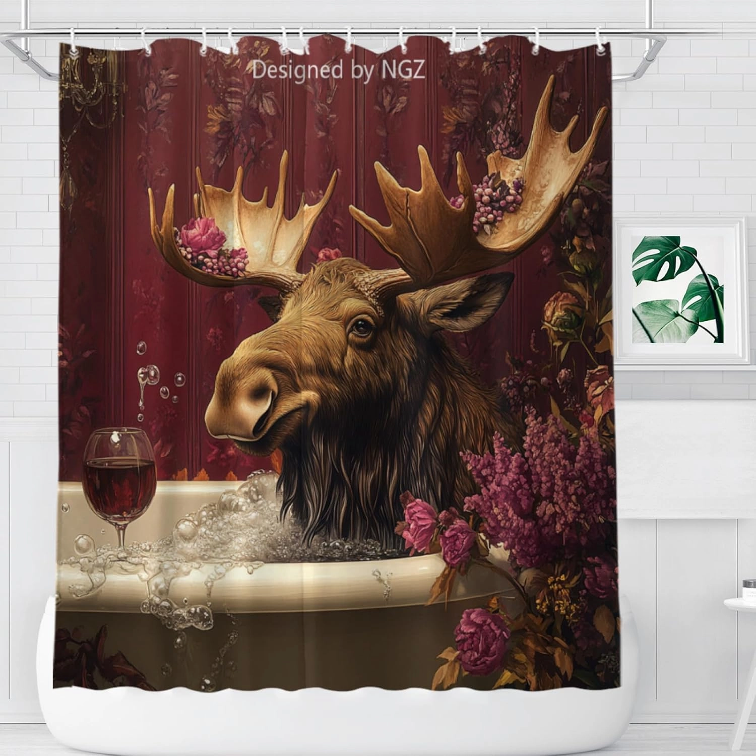 Funny Moose Shower Curtain, SPA Moose with Wine, Red Shower Curtain, 72x72 Inches Floral Shower Curtains for Bathroom, Bath Curtains Set with 12 Hooks