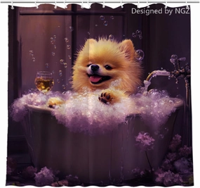 Funny Pomeranian Shower Curtain, SPA Pomeranian with Wine, Purple Shower Curtain, 72x72 Inches Floral Shower Curtains for Bathroom, Bath Curtains Set with 12 Hooks