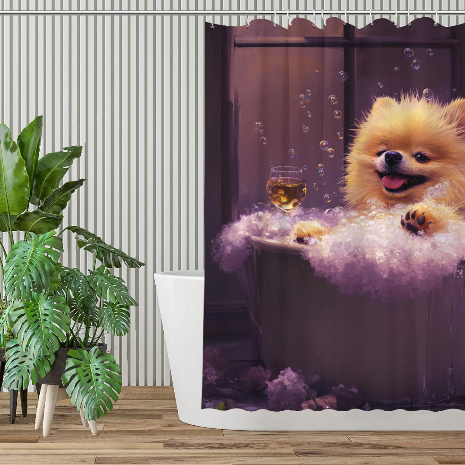 Funny Pomeranian Shower Curtain, SPA Pomeranian with Wine, Purple Shower Curtain, 72x72 Inches Floral Shower Curtains for Bathroom, Bath Curtains Set with 12 Hooks