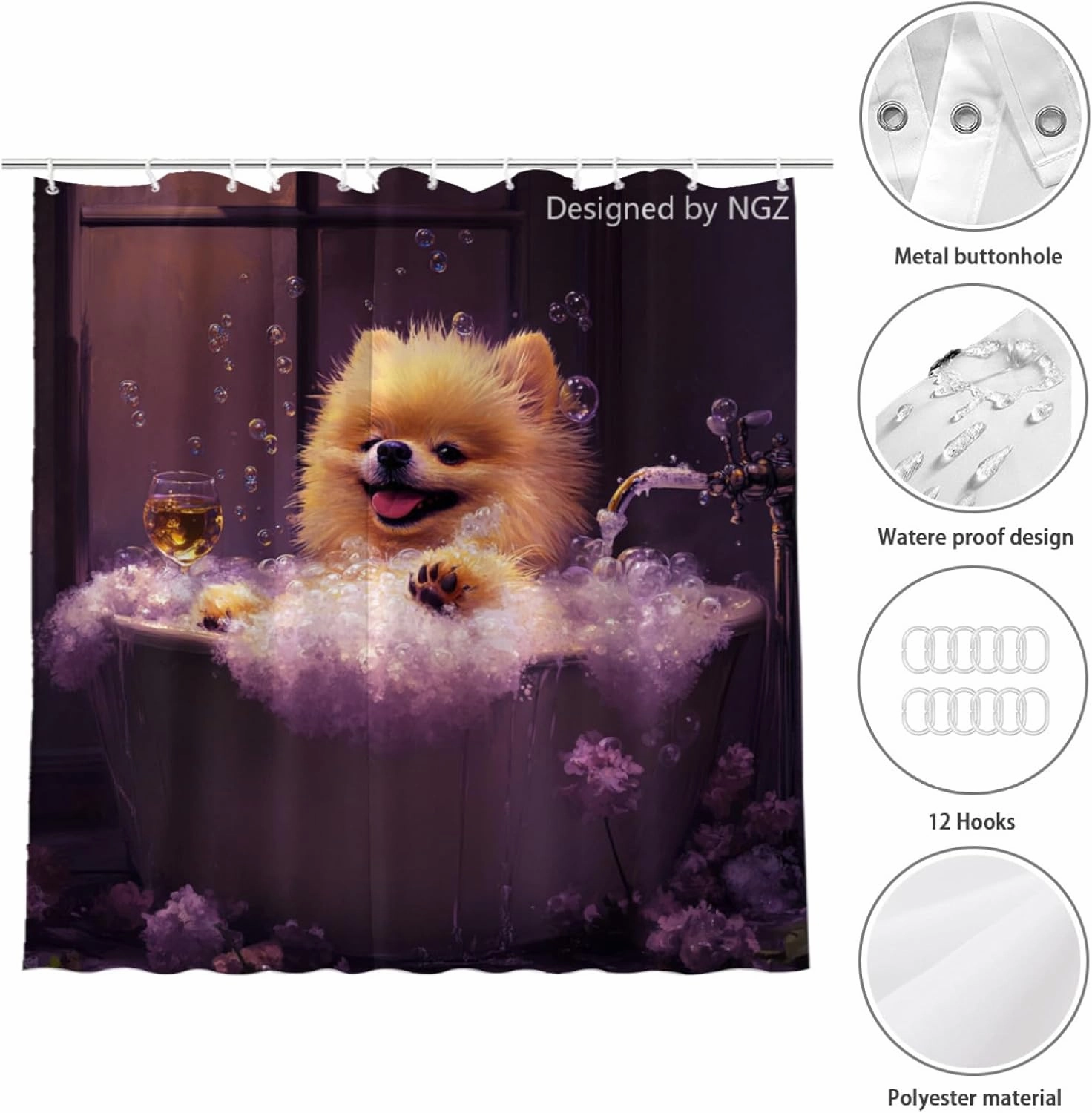 Funny Pomeranian Shower Curtain, SPA Pomeranian with Wine, Purple Shower Curtain, 72x72 Inches Floral Shower Curtains for Bathroom, Bath Curtains Set with 12 Hooks