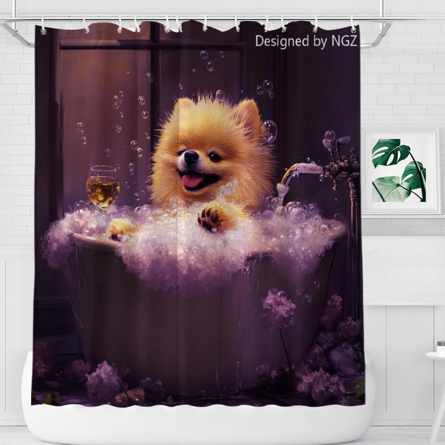 Funny Pomeranian Shower Curtain, SPA Pomeranian with Wine, Purple Shower Curtain, 72x72 Inches Floral Shower Curtains for Bathroom, Bath Curtains Set with 12 Hooks