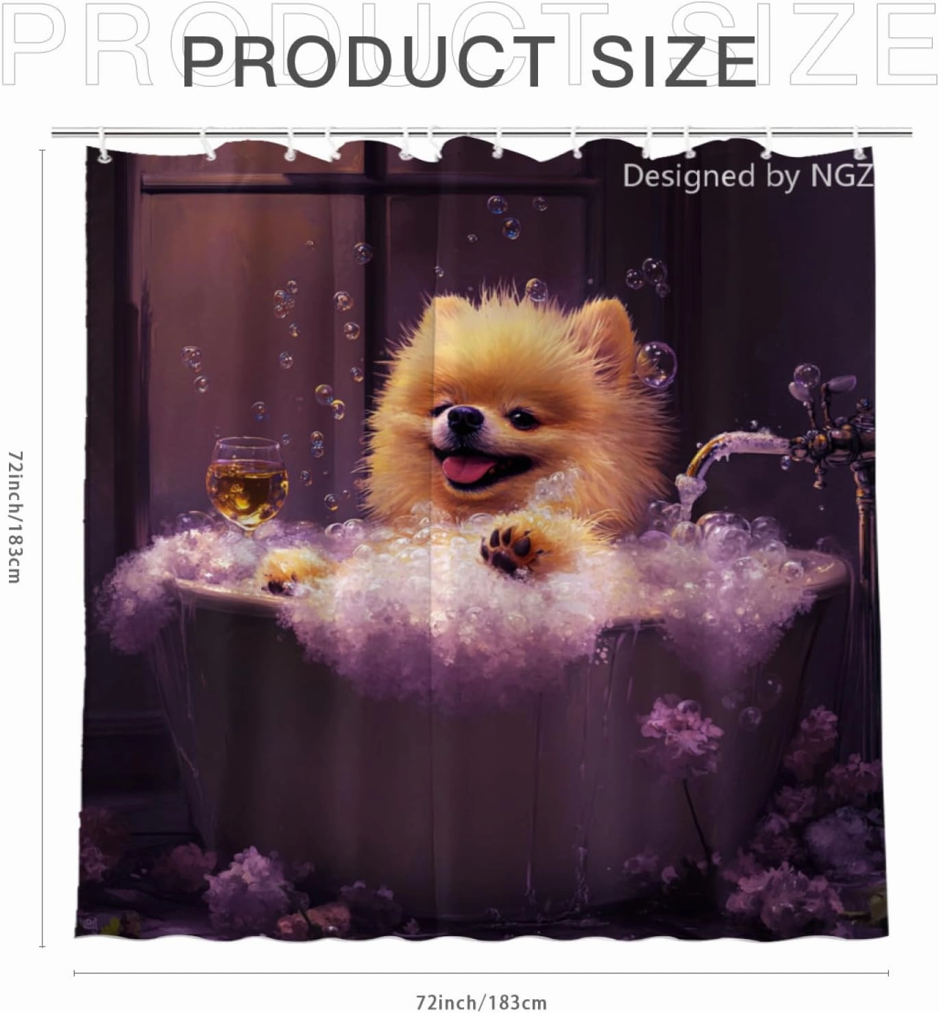 Funny Pomeranian Shower Curtain, SPA Pomeranian with Wine, Purple Shower Curtain, 72x72 Inches Floral Shower Curtains for Bathroom, Bath Curtains Set with 12 Hooks