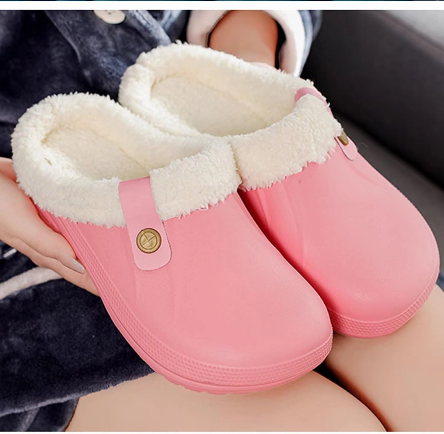 Fur Lined Clogs Waterproof Slippers Fleece Lined Clogs for Women Men Fuzzy Winter Warm Indoor Outdoor Shoes