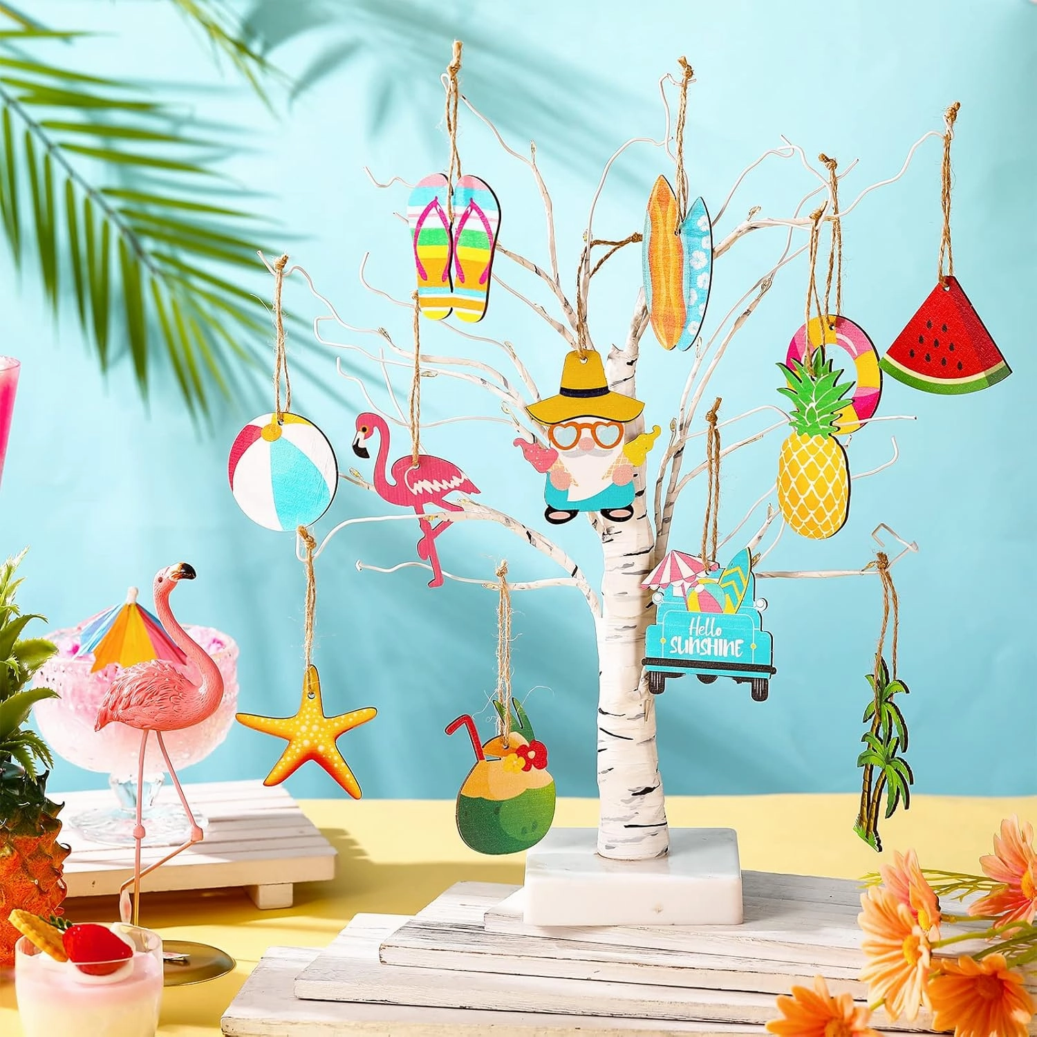 Geelin 36 Pcs Summer Wood Hanging Ornaments for Tree Summer Tree Decorations Hawaiian Beach Wooden Pendant Decorations with String for Luau Party Supplies(Classical)