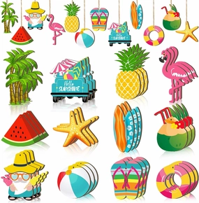 Geelin 36 Pcs Summer Wood Hanging Ornaments for Tree Summer Tree Decorations Hawaiian Beach Wooden Pendant Decorations with String for Luau Party Supplies(Classical)