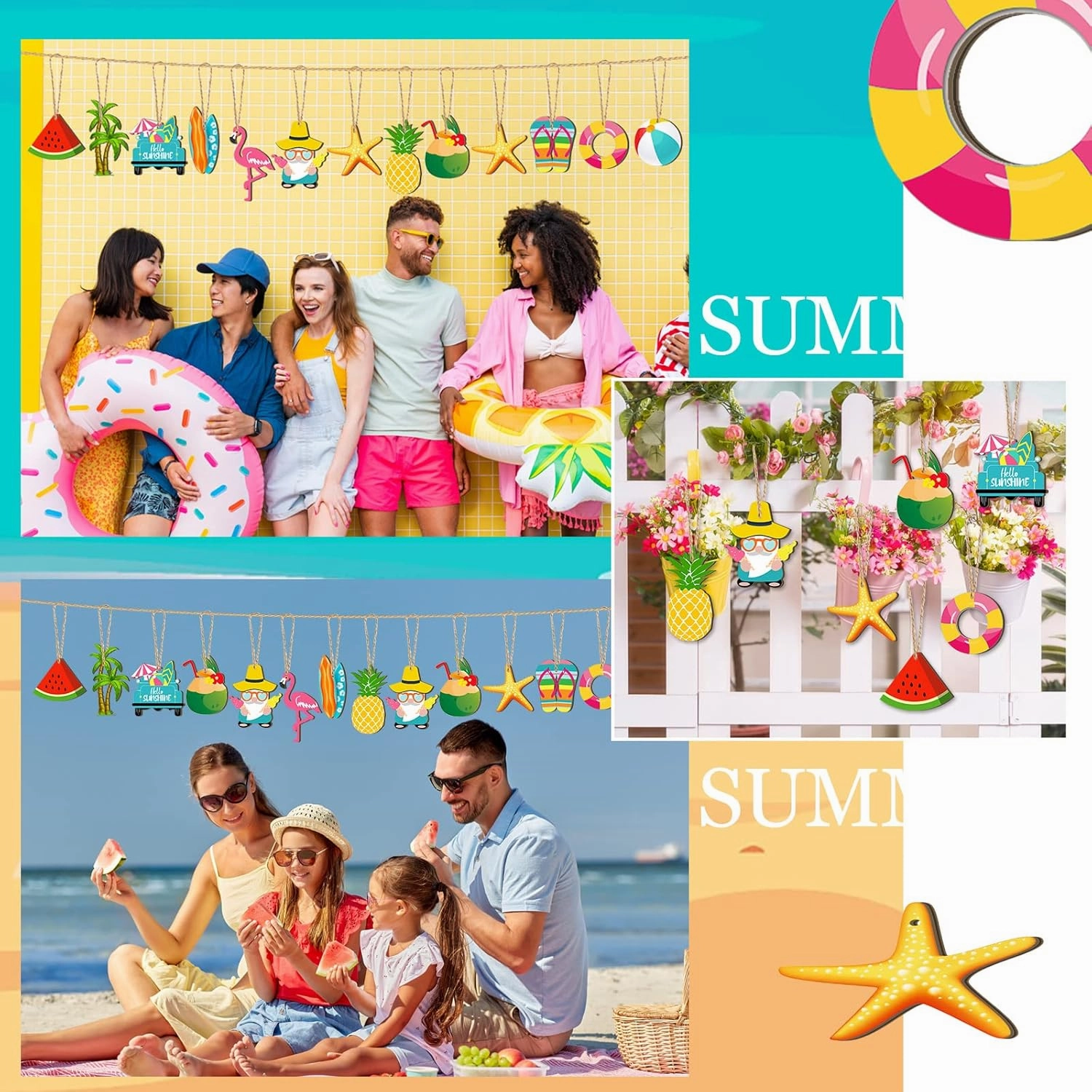 Geelin 36 Pcs Summer Wood Hanging Ornaments for Tree Summer Tree Decorations Hawaiian Beach Wooden Pendant Decorations with String for Luau Party Supplies(Classical)