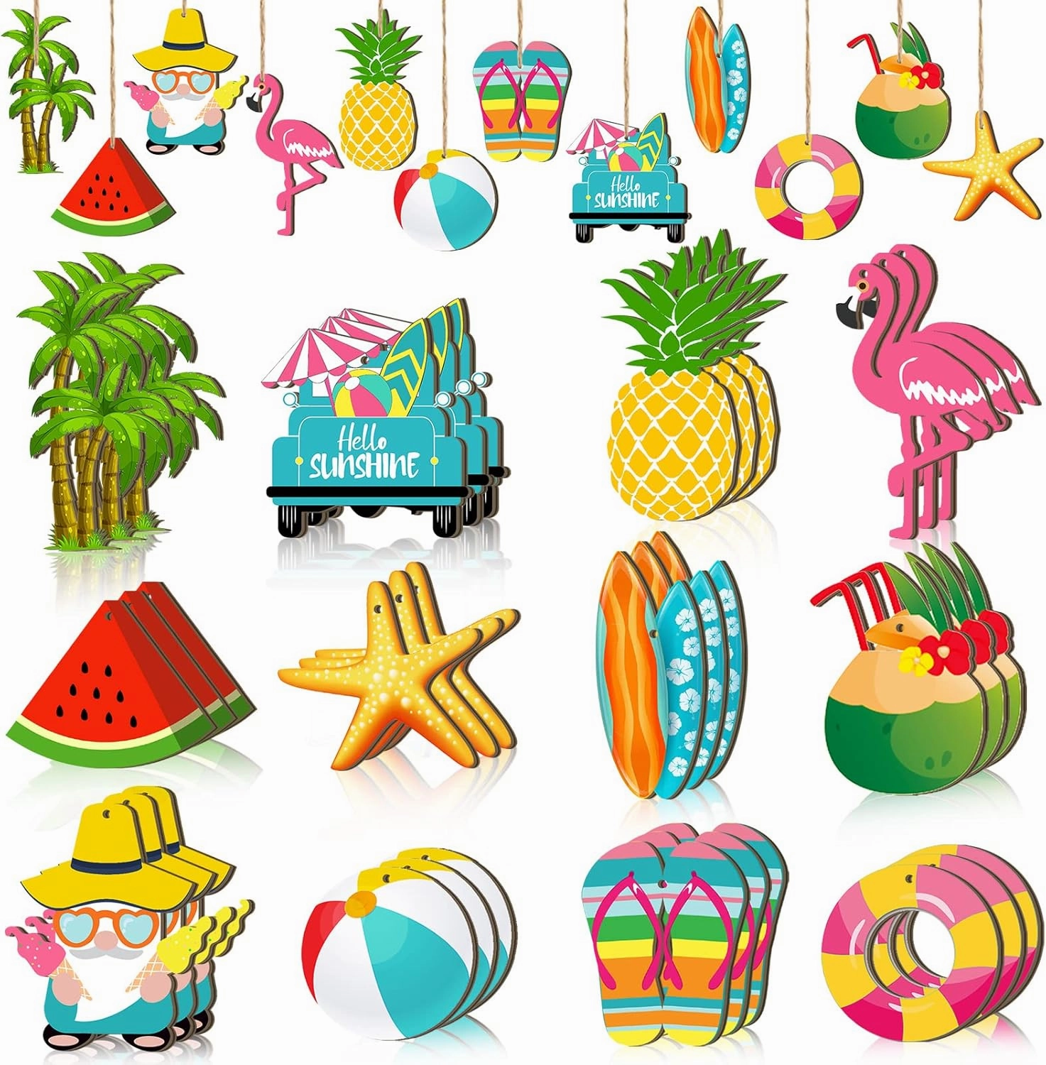 Geelin 36 Pcs Summer Wood Hanging Ornaments for Tree Summer Tree Decorations Hawaiian Beach Wooden Pendant Decorations with String for Luau Party Supplies(Classical)