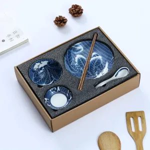 Gegong Blue and White Porcelain Dinnerware Set, Dishes, Bowl, Spoon, Chopsticks, Service for 1, Colorful Glazed Ceramic Set, Gift Box Packaging (Mixing)