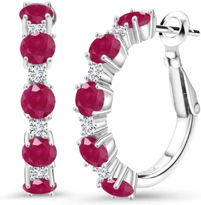 Gem Stone King 925 Sterling Silver Gemstone Birthstone and Lab Grown Diamond Hoop Earrings for Women | Round Cut 4MM and 1.9MM Stones | 1 Inch Diameter Hoops | Fine Jewelry for Her Mom Wife Women