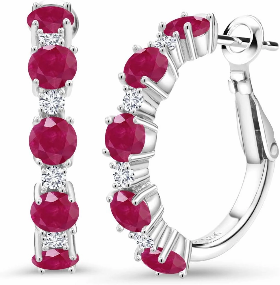 Gem Stone King 925 Sterling Silver Gemstone Birthstone and Lab Grown Diamond Hoop Earrings for Women | Round Cut 4MM and 1.9MM Stones | 1 Inch Diameter Hoops | Fine Jewelry for Her Mom Wife Women