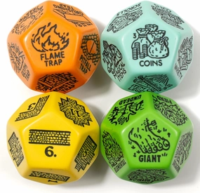 Generator/Randomization Dungeon Dice Set (4) Jumbo D12 Dice | Create: Monster Type, Treasure, Map Layout, Traps | Designs for D&D DND Pathfinder Dungeons and Dragons | Game Masters Aide (Colorful-3)