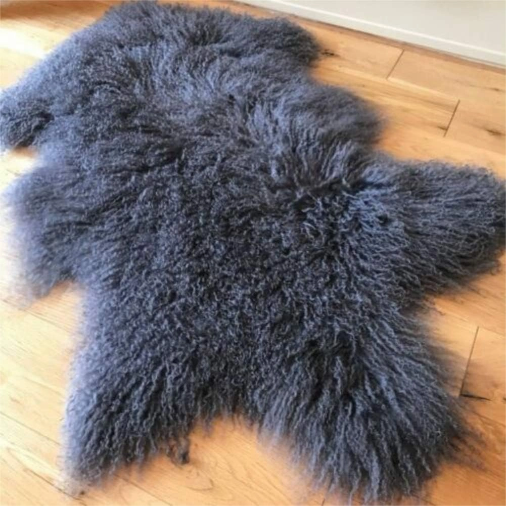 Genuine Tibetan Rug， Mongolian Lamb Sheepskin Pelt Throw Fur Area Rug Carpet Chair Cover with Super Fluffy Thick Decorativeas Throw Rug in Bedroom, Living Room, Grey