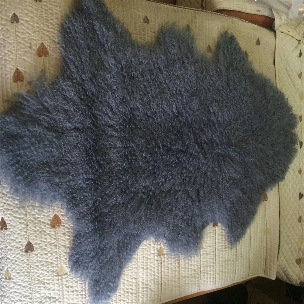 Genuine Tibetan Rug， Mongolian Lamb Sheepskin Pelt Throw Fur Area Rug Carpet Chair Cover with Super Fluffy Thick Decorativeas Throw Rug in Bedroom, Living Room, Grey