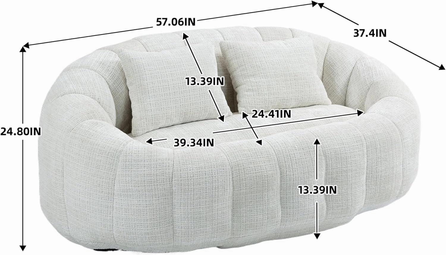 Giant Bean Bag Chair Couch, 59''W Oversized Bean Bag Sofa with Foam Filler, Lazy Loveseat Chair with 2 Pillows, Beanbag Lounger for Living Room, Game Room(Beige)