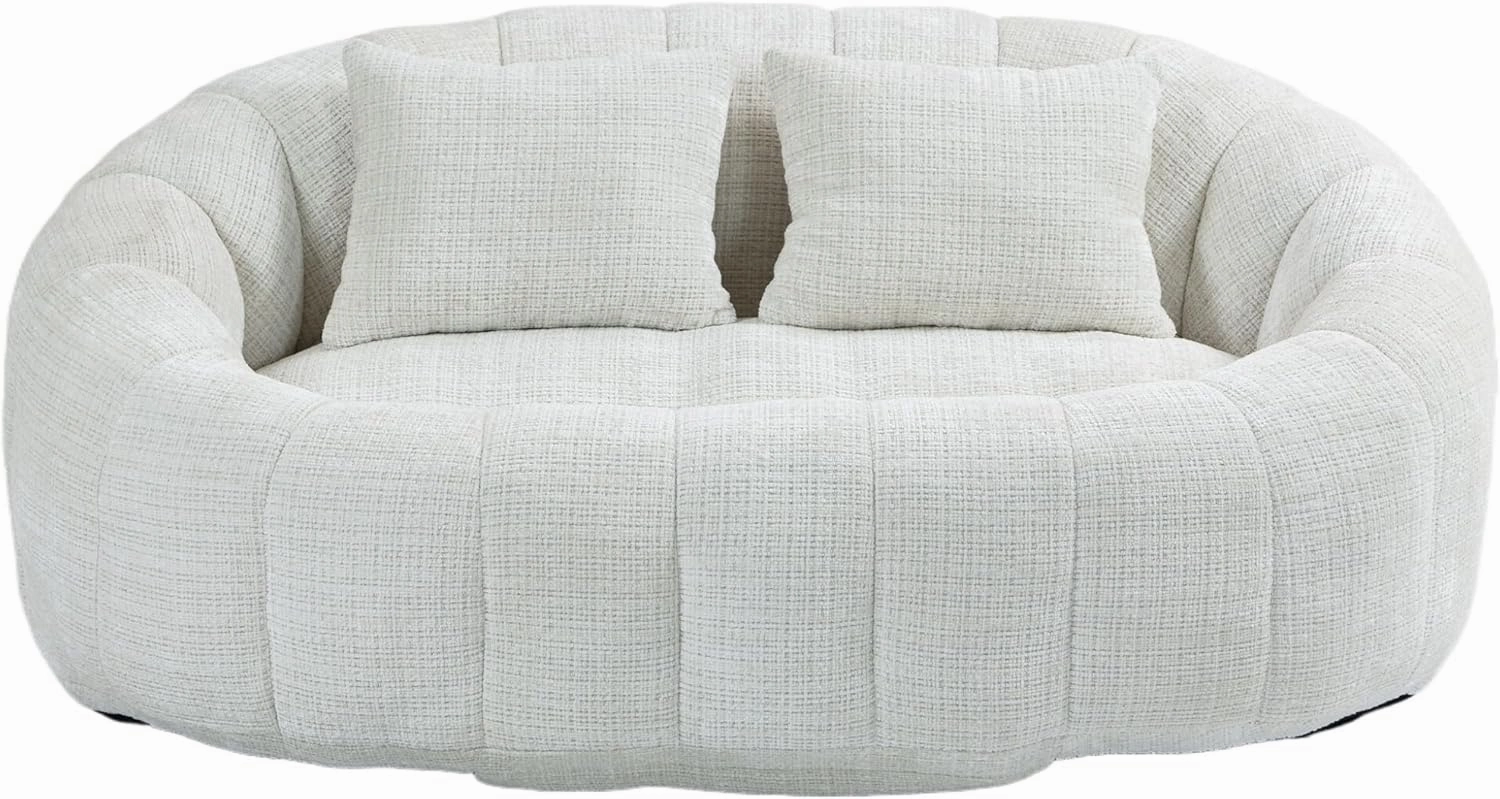 Giant Bean Bag Chair Couch, 59''W Oversized Bean Bag Sofa with Foam Filler, Lazy Loveseat Chair with 2 Pillows, Beanbag Lounger for Living Room, Game Room(Beige)