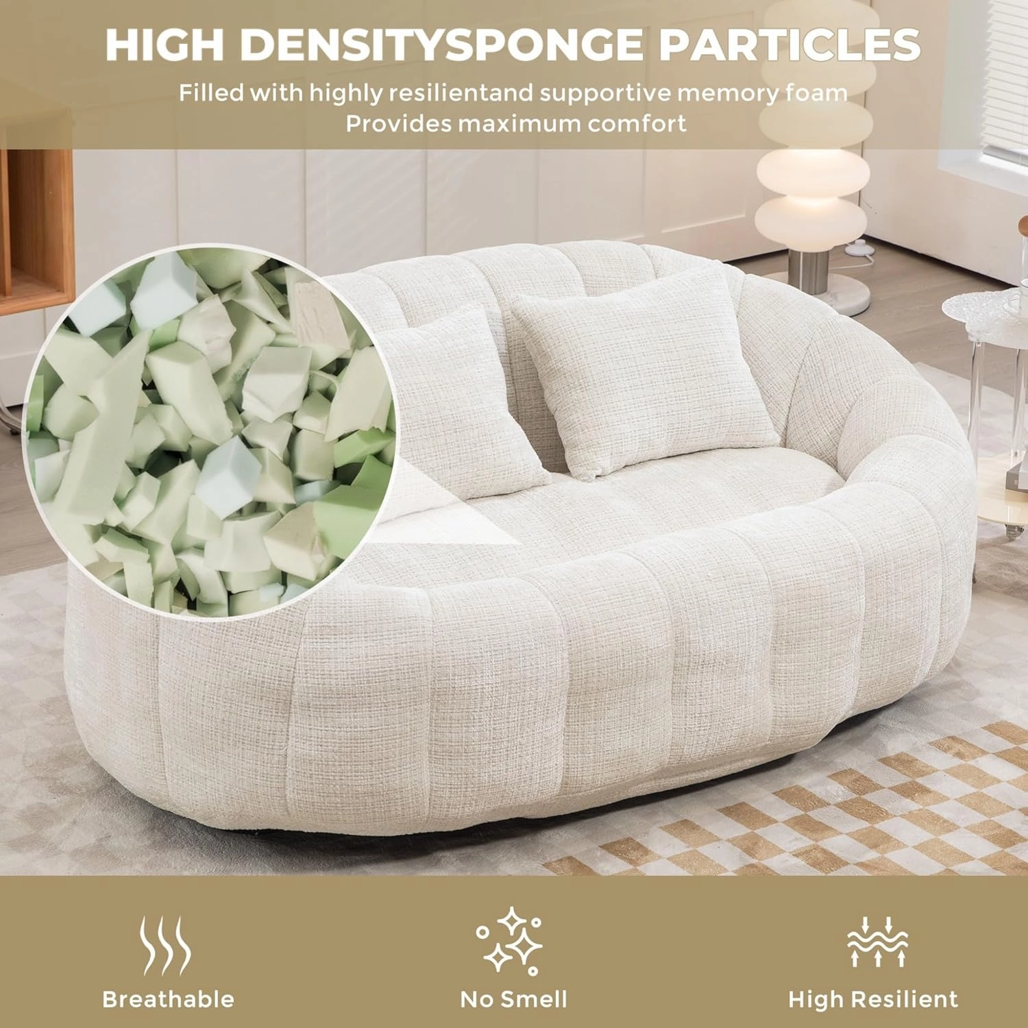 Giant Bean Bag Chair Couch, 59''W Oversized Bean Bag Sofa with Foam Filler, Lazy Loveseat Chair with 2 Pillows, Beanbag Lounger for Living Room, Game Room(Beige)