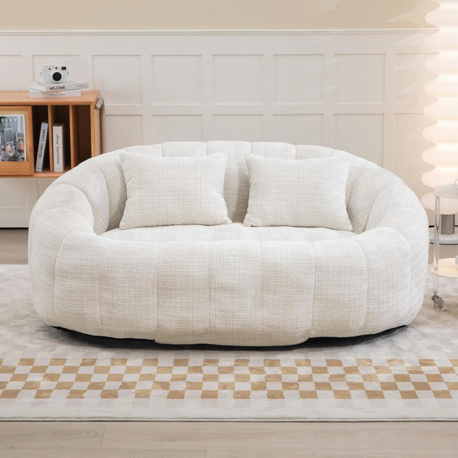 Giant Bean Bag Chair Couch, 59''W Oversized Bean Bag Sofa with Foam Filler, Lazy Loveseat Chair with 2 Pillows, Beanbag Lounger for Living Room, Game Room(Beige)