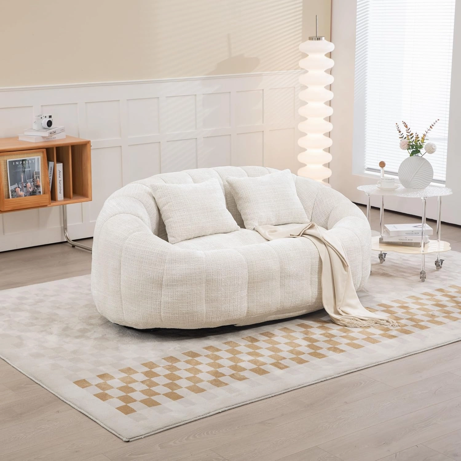 Giant Bean Bag Chair Couch, 59''W Oversized Bean Bag Sofa with Foam Filler, Lazy Loveseat Chair with 2 Pillows, Beanbag Lounger for Living Room, Game Room(Beige)
