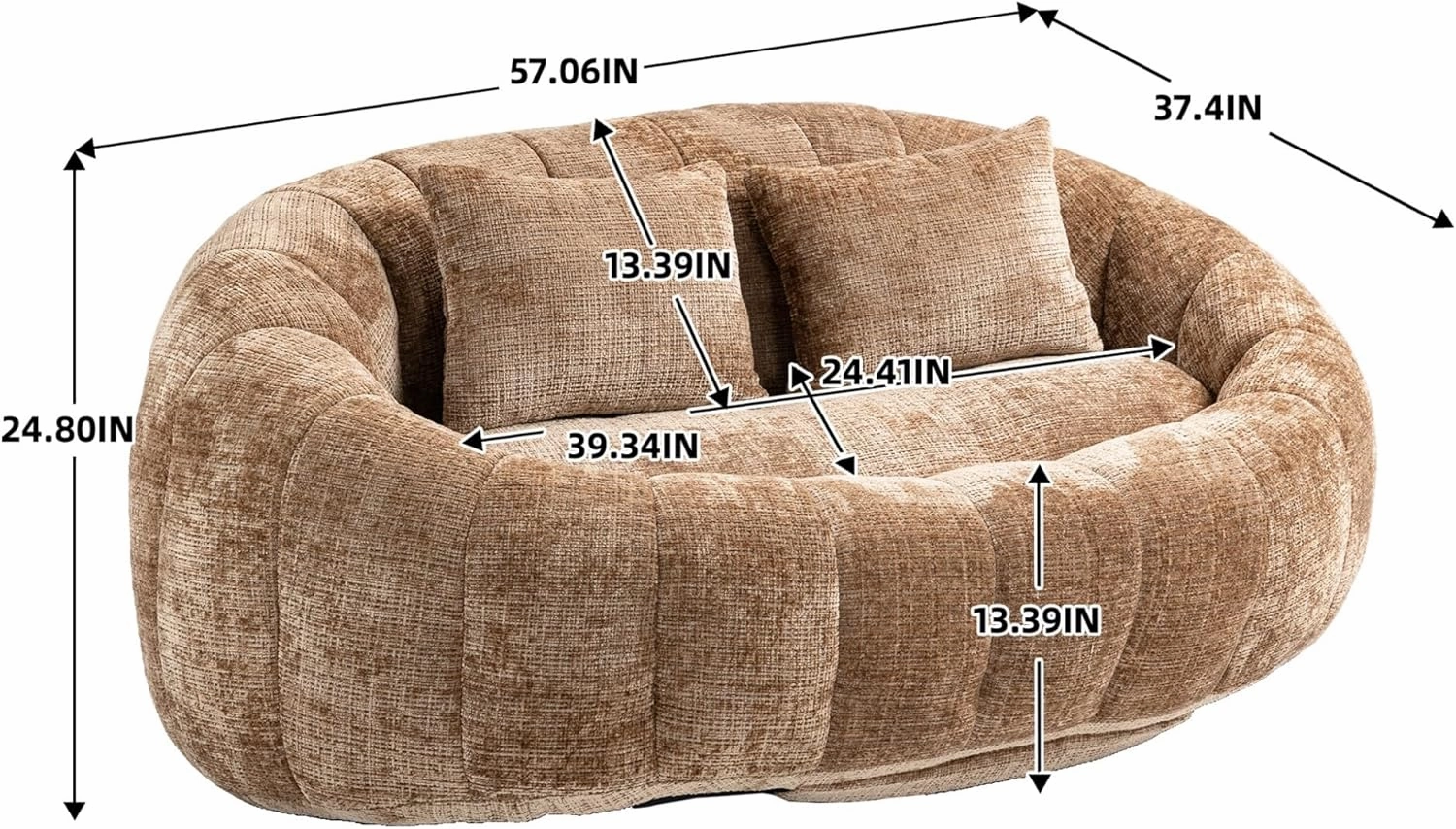 Giant Bean Bag Chair Couch, 59''W Oversized Bean Bag Sofa with Foam Filler, Lazy Loveseat Chair with 2 Pillows, Beanbag Lounger for Living Room, Game Room (Coffee)