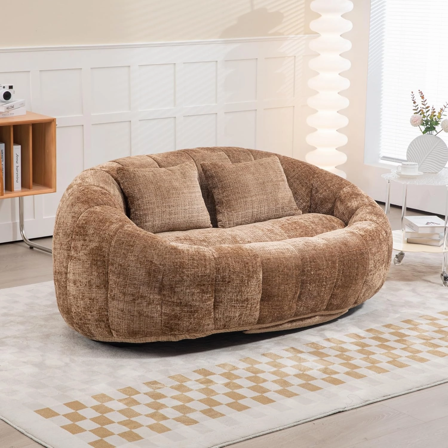Giant Bean Bag Chair Couch, 59''W Oversized Bean Bag Sofa with Foam Filler, Lazy Loveseat Chair with 2 Pillows, Beanbag Lounger for Living Room, Game Room (Coffee)