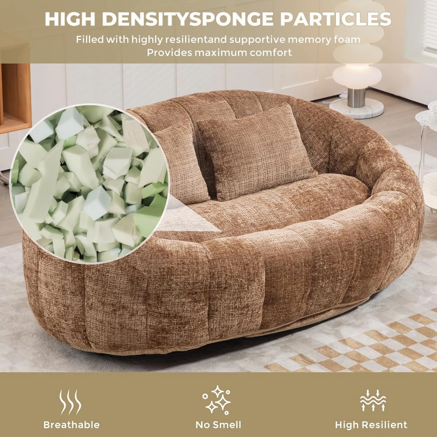 Giant Bean Bag Chair Couch, 59''W Oversized Bean Bag Sofa with Foam Filler, Lazy Loveseat Chair with 2 Pillows, Beanbag Lounger for Living Room, Game Room (Coffee)