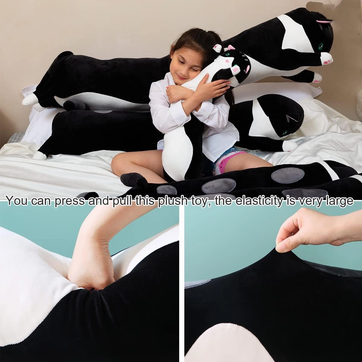 Giant Cat Pillow Plush Cartoon Kitty Sleeping Hugging Pillow, Cuddly Soft Long Kitten Body Pillow Doll Cat Cushion Toy for Kids Girlfriend (Black, 130cm/51.18inch)