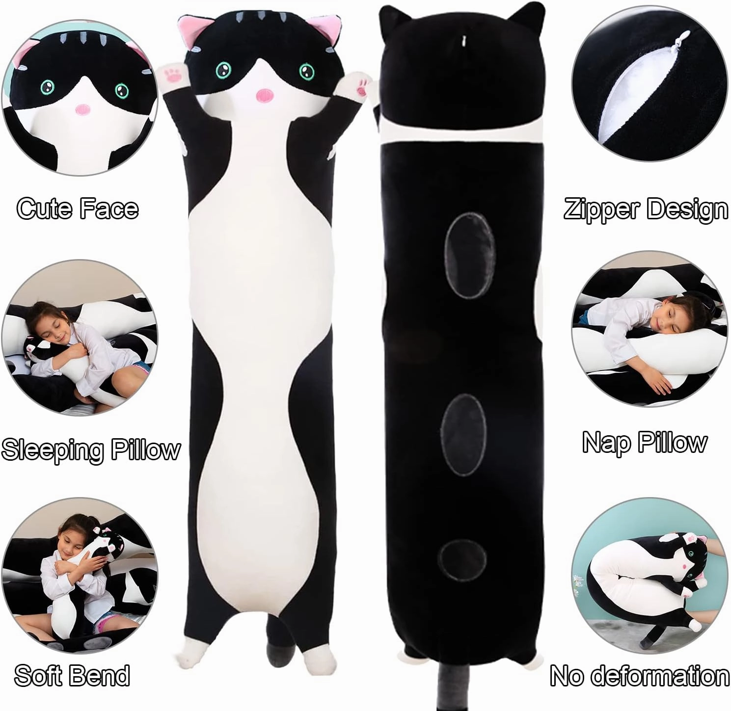 Giant Cat Pillow Plush Cartoon Kitty Sleeping Hugging Pillow, Cuddly Soft Long Kitten Body Pillow Doll Cat Cushion Toy for Kids Girlfriend (Black, 130cm/51.18inch)