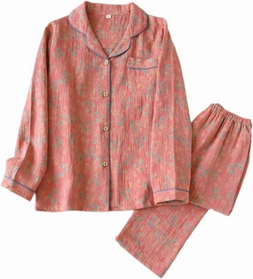 Ginkgo Leaf Neckline Button Colorful Floral Pure Pajama,Vintage Leaf Cotton Lapel Loungewear Set,Long Sleeve Loose Two Piece