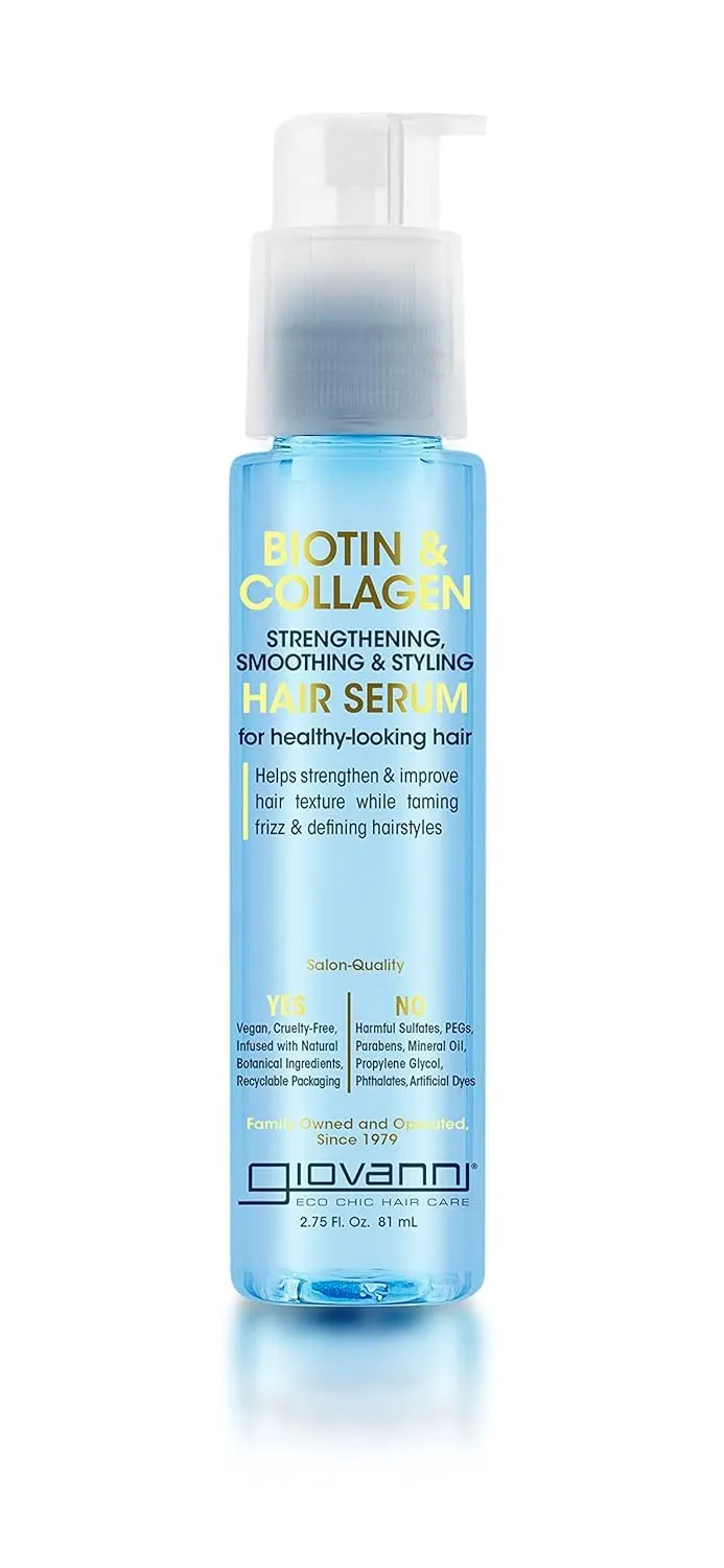 GIOVANNI Biotin & Collagen Hair Serum - Hair Strengthening, Smoothing & Styling, Vegan, Cruelty-Free, Infused with Natural Botanical Ingredients, Salon-Quality, For Healthy-Looking Hair - 2.75 Oz