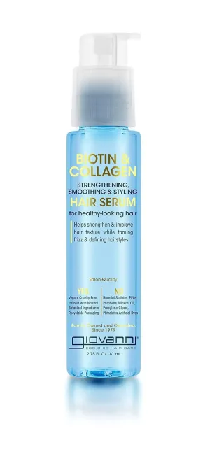 GIOVANNI Biotin & Collagen Hair Serum - Hair Strengthening, Smoothing & Styling, Vegan, Cruelty-Free, Infused with Natural Botanical Ingredients, Salon-Quality, For Healthy-Looking Hair - 2.75 Oz