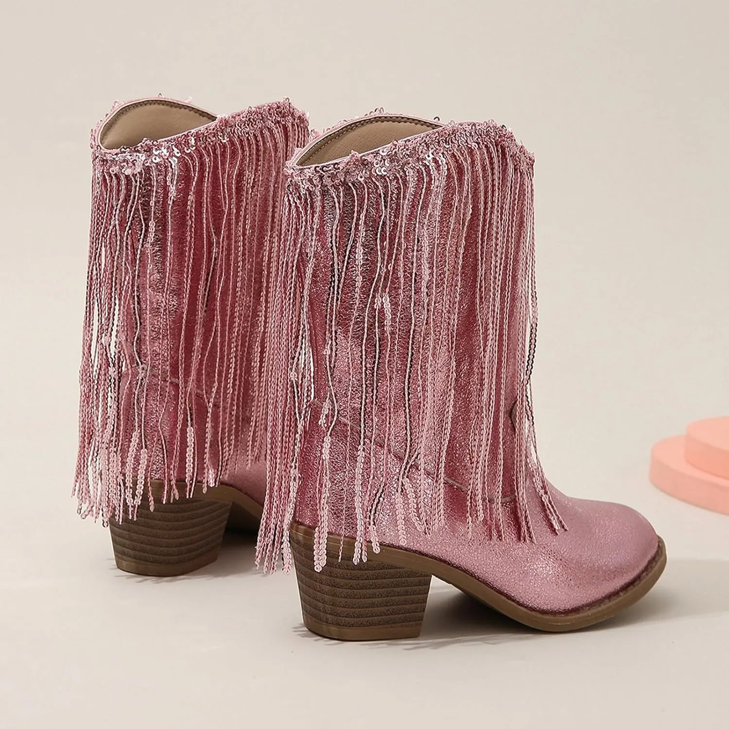 Girls Fringe 𝗥hinestone Tassel Cowboy Boots Western Cow-Girl Pointed Toe Block High Heel Zipper Knee High Boots